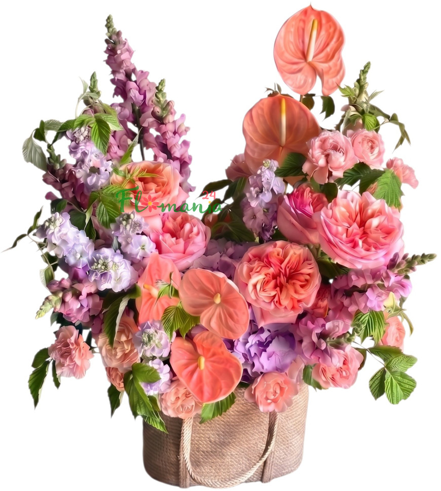 Композиция с антуриумами и пионовидными розами «Коралловый сад»